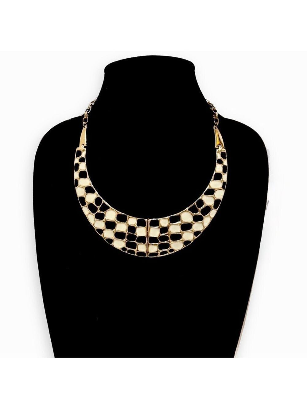 TALBOTS Black Cream Enamel Gold Shield Collar Necklace